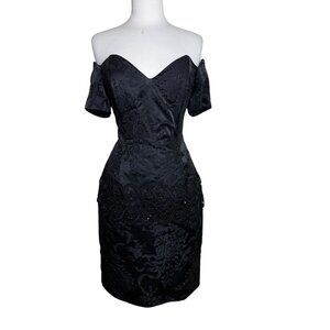 Vintage 90s Scott McClintock Black Brocade Off-the-Shoulder Beaded Sheath Dress